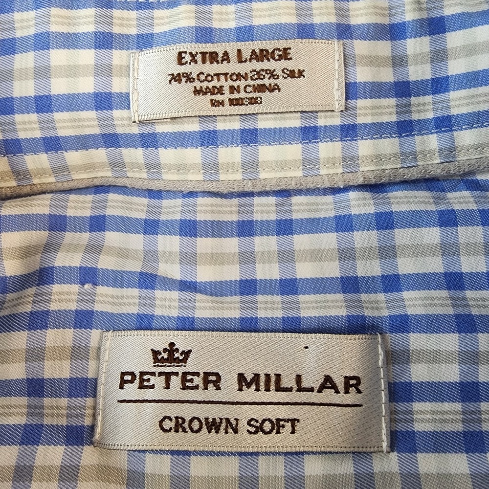 Peter Millar Crown Soft Shirt Men XL Silk Blend Blue Gray Whit Plaid Button Down - Picture 2 of 7